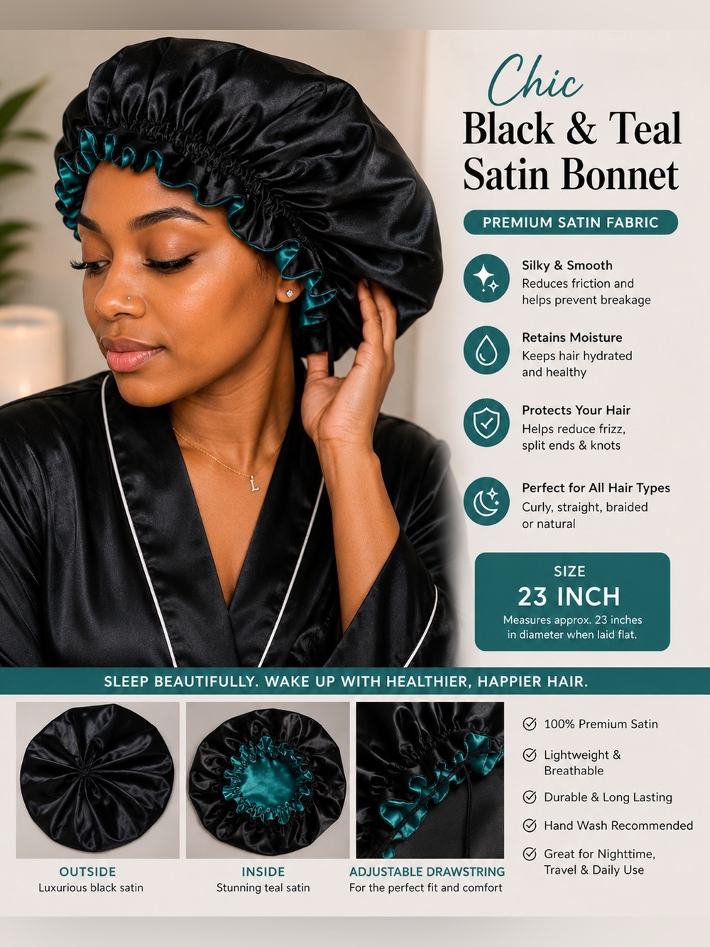 Chic Black and Teal Satin Hair Bonnet